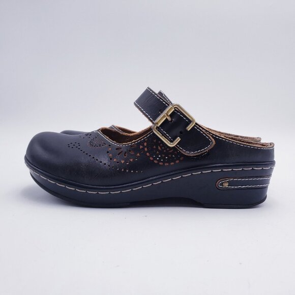 L'Artiste by Spring Step Aneria Black Leather Buckled Clogs Slip On Open Back 38 - Picture 4 of 10